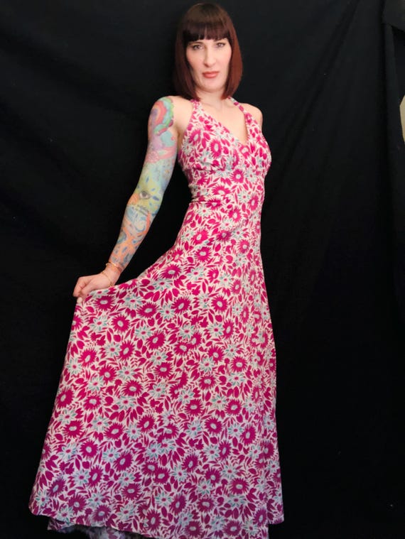 Vintage 1930's 1940's Floral Print Cotton Piqué Sun Dress Gown - size Small
