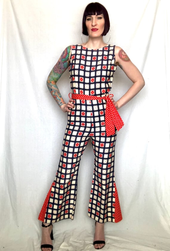 Vintage 1970's Geometric Red White Blue Checkered… - image 3