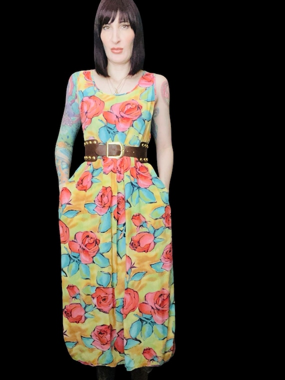 jams world maxi dress Vintage JAMS WORLD 90s Abstract Rose Print Sundress Rayon Maxi Dress - Size  Small to Medium to Large