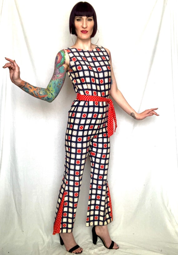 Vintage 1970's Geometric Red White Blue Checkered… - image 5