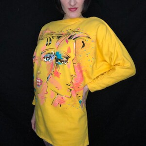 Vintage 1980s New Wave Style Face Novelty Print Sweatshirt Made in France One Size Fits Most image 4