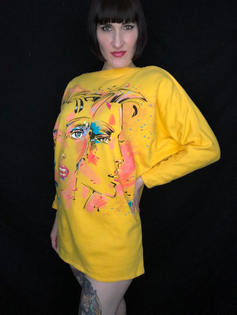 Vintage 1980s New Wave Style Face Novelty Print Sweatshirt Made in France One Size Fits Most image 4