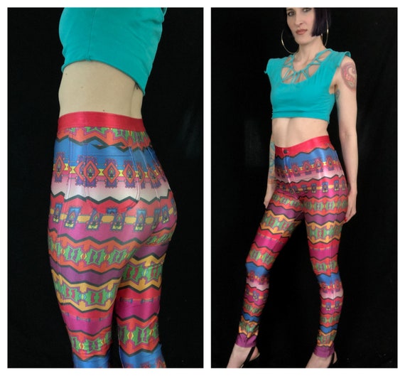 RARE Vintage 1970's Style PETER MAX Rainbow Geometric Pop Art Shiny Nylon  Spandex High Waisted Disco Pants Size Medium 