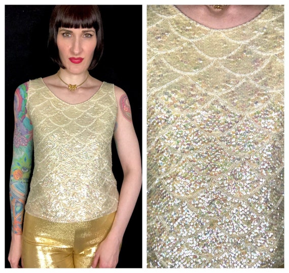 Vintage 1960's Cream Iridescent Pink Sequin Merma… - image 1