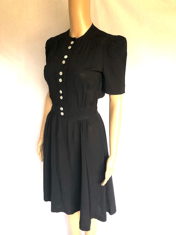 Vintage 1930's 1940's Jet Black Rayon Puff Sleeve… - image 7