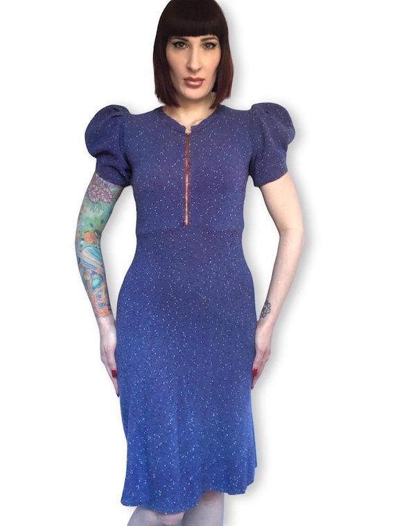 RARE Vintage 1930's Periwinkle Purple Blue Fleck Knit Puff Sleeve Sweater Dress - Late 30s, Early 40s - 1939 - size Small Medium