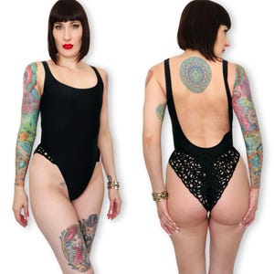 Vintage 90s Victoria’s Secret Black One Piece Thong Swimsuit w/ Woven Backside - size Medium