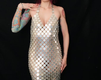 Silver DISCO Ball Shiny Mirror Acrylic Circles Disco Space Age Club Mini Dress - Paco Rabanne Style