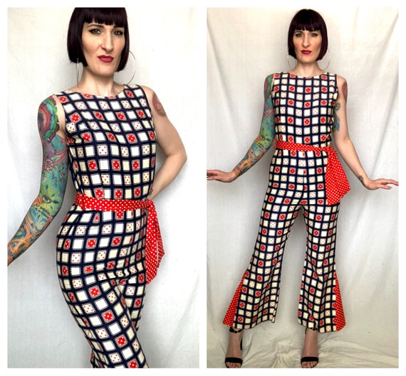 Vintage 1970's Geometric Red White Blue Checkered