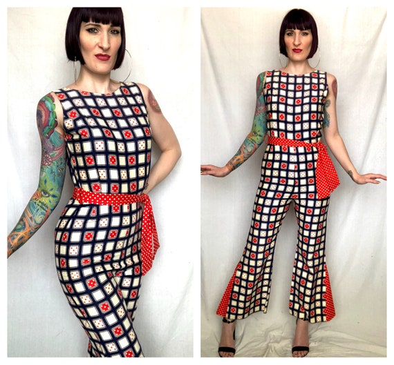 Vintage 1970's Geometric Red White Blue Checkered… - image 1