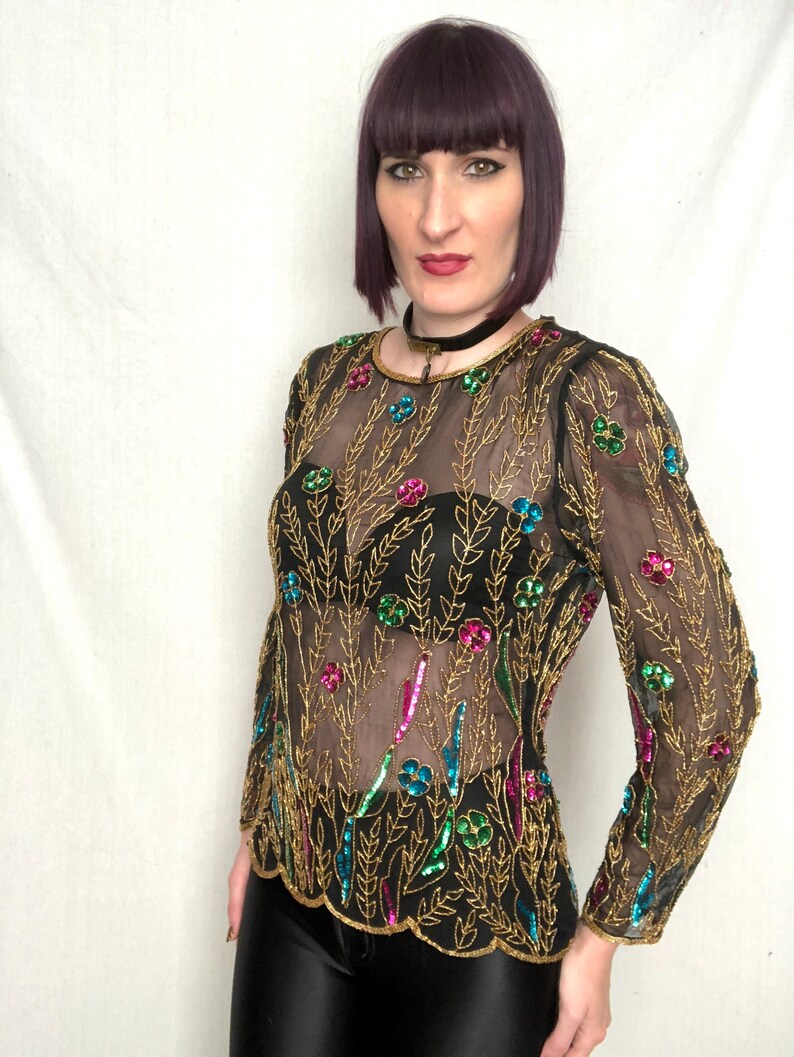 size Medium Vintage 1980/'s Does 1920/'s Style Gold Beaded Floral Sheer Black Silk Blouse