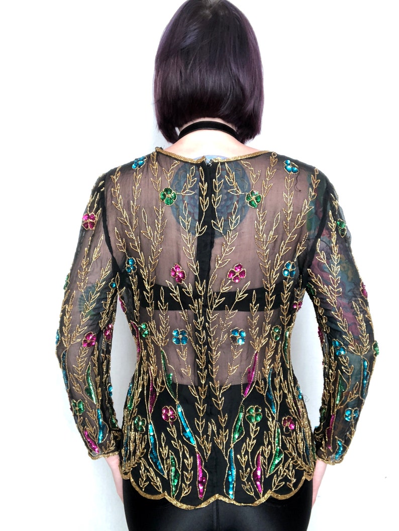 size Medium Vintage 1980/'s Does 1920/'s Style Gold Beaded Floral Sheer Black Silk Blouse