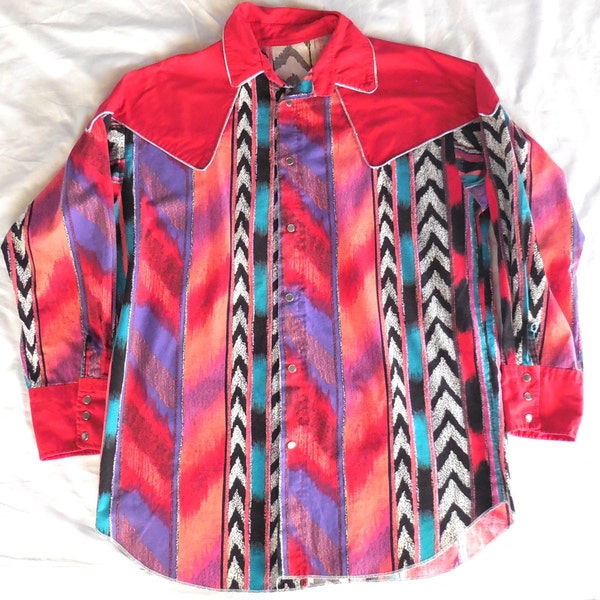 Men's Vintage 90s Multicolor Striped Aztec Southwestern Print Long Sleeve Shirt w/ Silver Metallic Piping / Pearl Snap Buttons- size Large