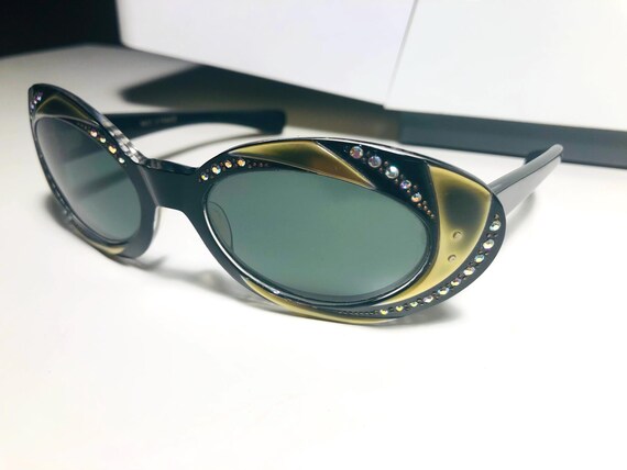 Vintage 50s 60s CAT EYE Gold Rhinestones EMBELLISHED Made in FRANCE Sunglasses 1950s French Rhinestone Cat Eye Sunglasses main image 2