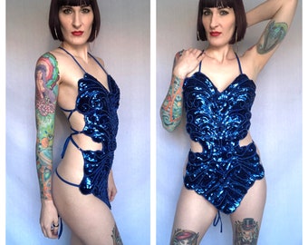 Vintage 90s Y2K 2000s Royal Blue Sequin Beaded Criss Cross Strappy Cut Out Burlesque Festival Top / Bodysuit / Playsuit - One size fits all