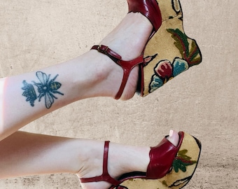 RARE Vintage 1970's Oxblood Red Leather & Beige Canvas Floral Embroidered Platform Wedges / Heels - size 8.5 8 1/2 Narrow 39