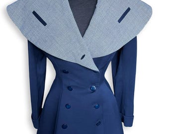 Vintage 1940's LILLI ANN Navy Blue Wool Sculptural Peplum Blazer Jacket - size Small Medium