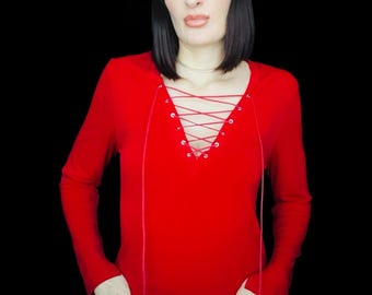 Vintage Y2K Frederick's of Hollywood Red Hot Lace Up Blouse - size XL Extra Large