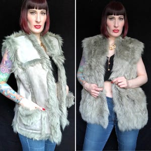Vintage 90s Y2K Grey Blue Shearling Sheepskin Suede Leather Reversible Vest - size Medium to Large