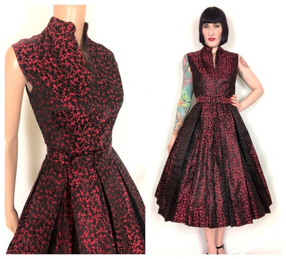 Vintage 1950's Ruby Red and Black Jacquard Taffeta