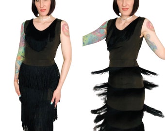 Vintage 1950's BONWIT TELLER Black & Coffee Brown Rayon Fringe Wiggle Dress - size Small Medium