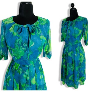 Vintage Early 1960&#39;s Blue & Green Watercolor Floral Print Chiffon Fit and Flare Dress - size Large