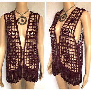 Vintage 90s Purple Cage Lattice Floral Fringe Vest size Medium image 1