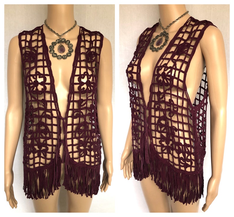 Vintage 90s Purple Cage Lattice Floral Fringe Vest size Medium image 1