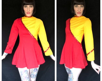 Vintage 70s 80s Majorette Cheerleader Band Uniform - Yellow and Red Sequined Mini Dress Costume