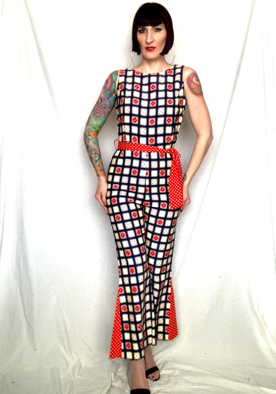 Vintage 1970's Geometric Red White Blue Checkered… - image 4