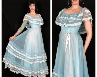 Vintage 1970's Light Blue Semi Sheer Nylon Organdy Ruffled Cottagecore Prairie Maxi Dress Gown - size Small XS