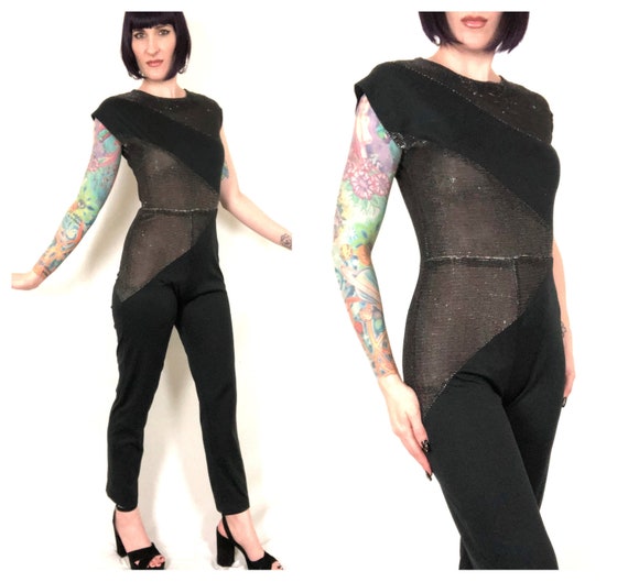 Vintage 70s 80s Sheer Rainbow Lurex Paneled Black