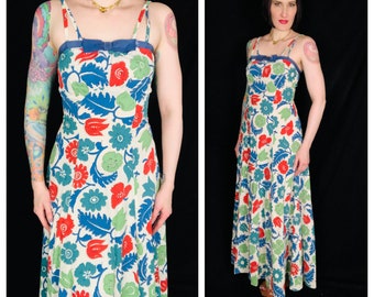 Vintage 1930's 1940's Floral Cotton Seersucker Sundress Gown - size Small