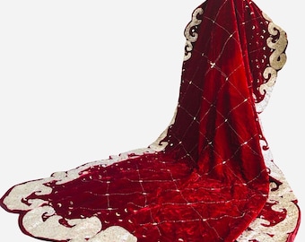 INSANE Vintage Red Crushed Velvet Silver Sequin Embellished Custom Made Long Cape W/ Train - Unisex - One size fits all