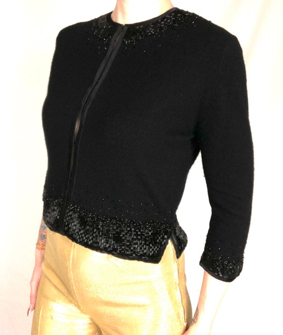 Vintage 1960's Jet Black Knit Cardigan Sweater w/… - image 6