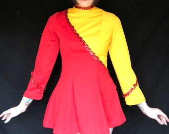 Vintage 70s 80s Majorette Cheerleader Band Uniform - Yellow and Red Sequined Mini Dress Costume