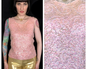 Vintage 1960's Iridescent Pink Sequin Beaded Swirls Cocktail Party Tank Blouse - size Medium Large