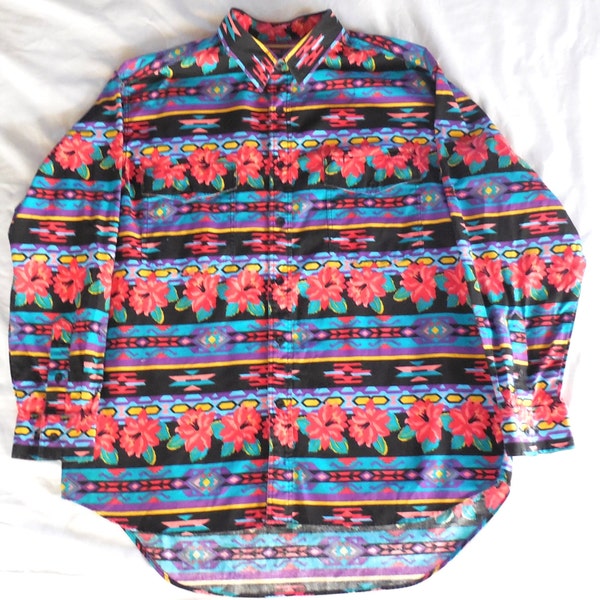 Men's Vintage 90s Multicolor Floral Aztec Southwestern Print Long Sleeve Western Shirt by Wrangler - size XL 17 - 17 1/2