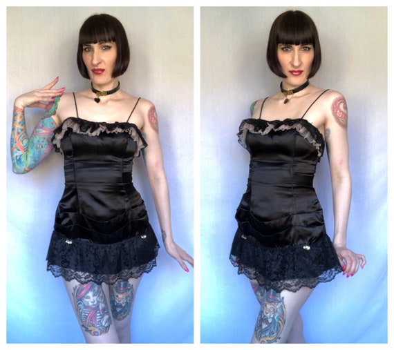 Vintage 1950's Black Satin + Lace Burlesque Costu… - image 1