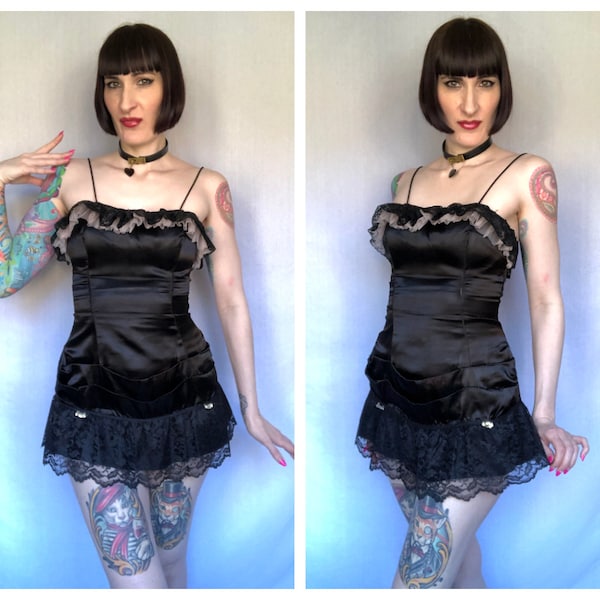 Vintage 1950's Black Satin + Lace Burlesque Costume / Micro Mini Dress w/ Rhinestone Pins - size Small Medium