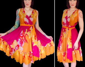 Vintage Y2K Diane Von Furstenberg Pink Orange Floral Silk Chiffon Wrap Dress - size Medium
