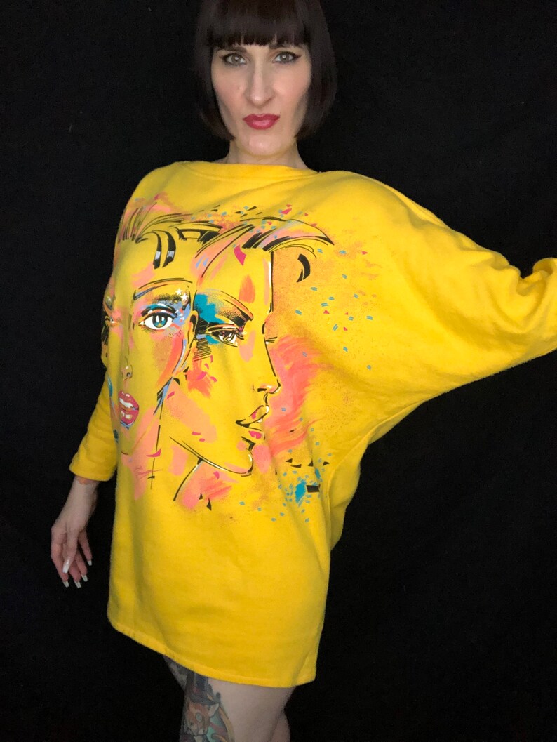 Vintage 1980s New Wave Style Face Novelty Print Sweatshirt Made in France One Size Fits Most image 3