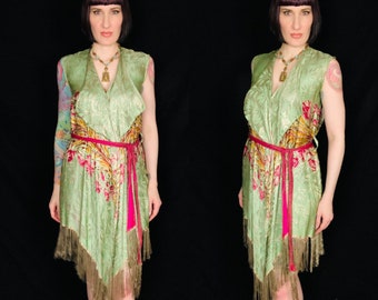Antique 1920s Gold Lamé Colorful Floral Print Metal Fringe Wrap Dress / Robe w/ Matching Silk Sash Tie