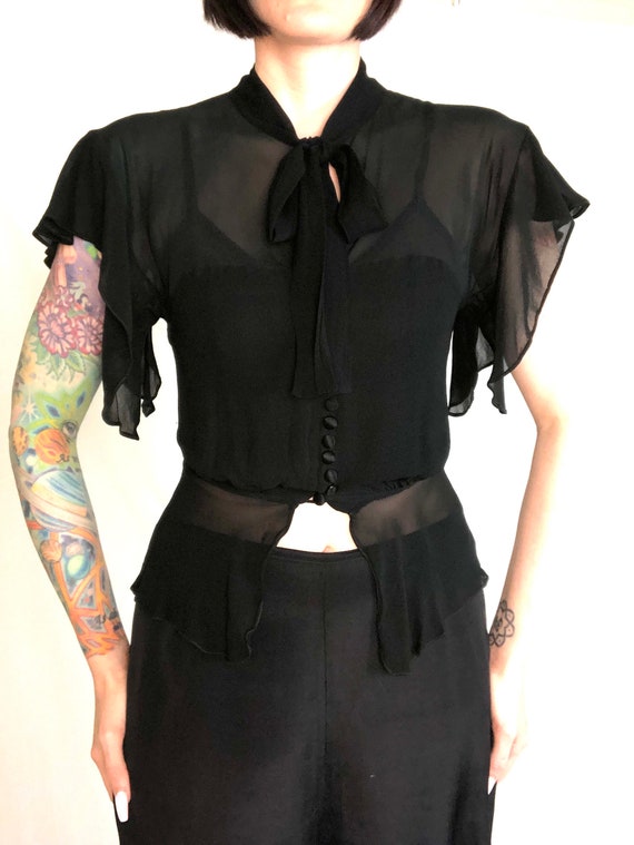 Vintage 1930's Jet Black Rayon Chiffon Flutter Sl… - image 5