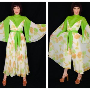 RARE PHENOMENAL Vintage 1960&#39;s Lime Green Color Block & Floral Print Accordion Pleated Bell Sleeve Palazzo Pant Jumpsuit - size Small