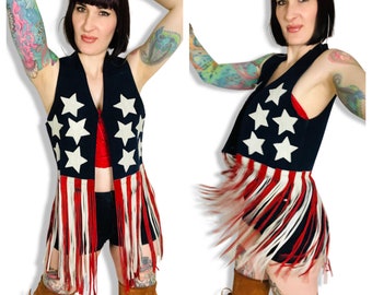 RARE Vintage 60s 70s American Flag Red White Blue Stars & Stripes Suede Fringe Vest