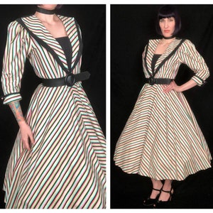Vintage 1940's Style Rainbow Black White Striped Avant Garde Fit and Flare  Dress W/ Dramatic Collar and Puff Sleeves by Foxy Lady - Medium - Etsy