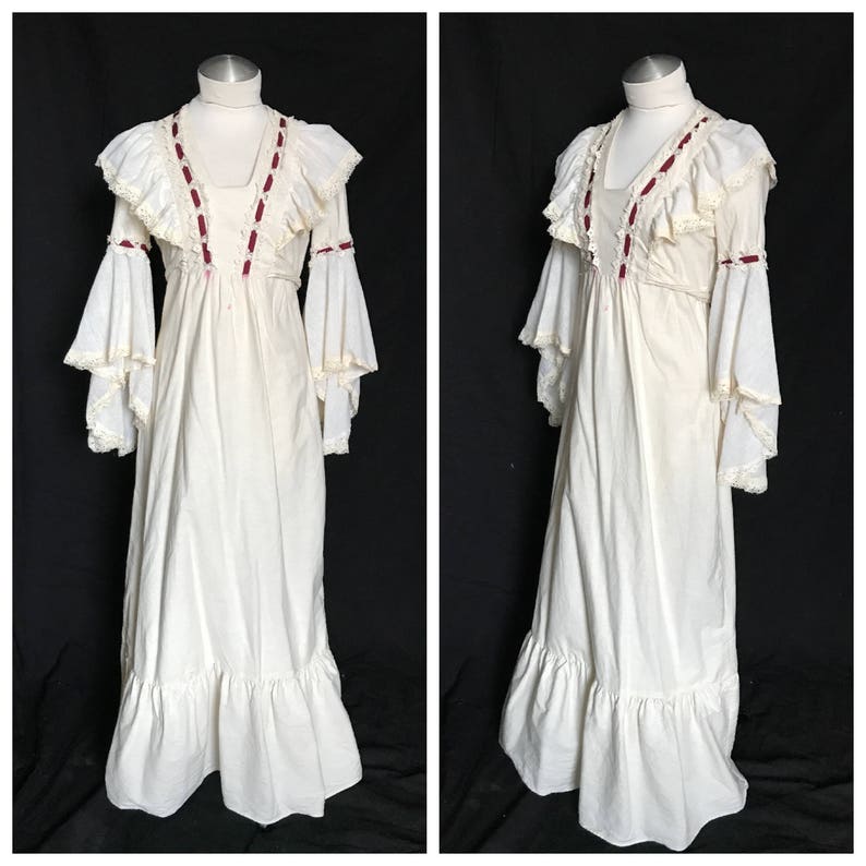 Vintage 1960's 1970's Ivory Cotton Trumpet Sleeve Gypsy Maxi Dress size Small Medium image 9