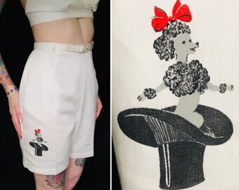 Vintage 1950-talspudel i hög hatt, vita bermudashorts med hög midja i bomull, storlek Small Medium