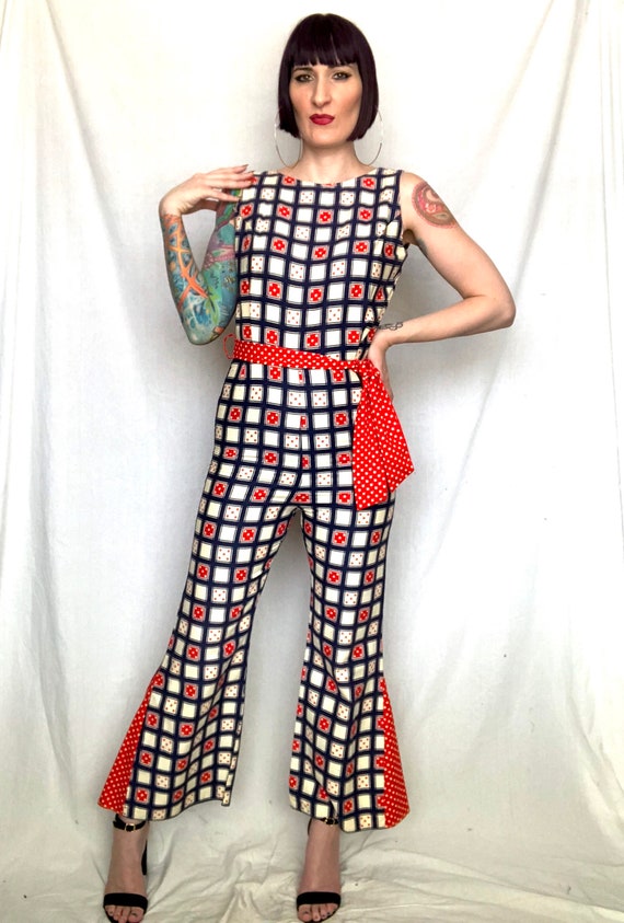 Vintage 1970's Geometric Red White Blue Checkered… - image 7